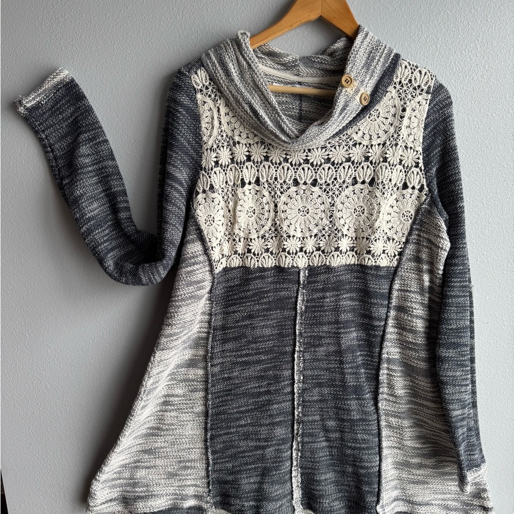 Blue and Cream Women's Sweater with Lace Detail